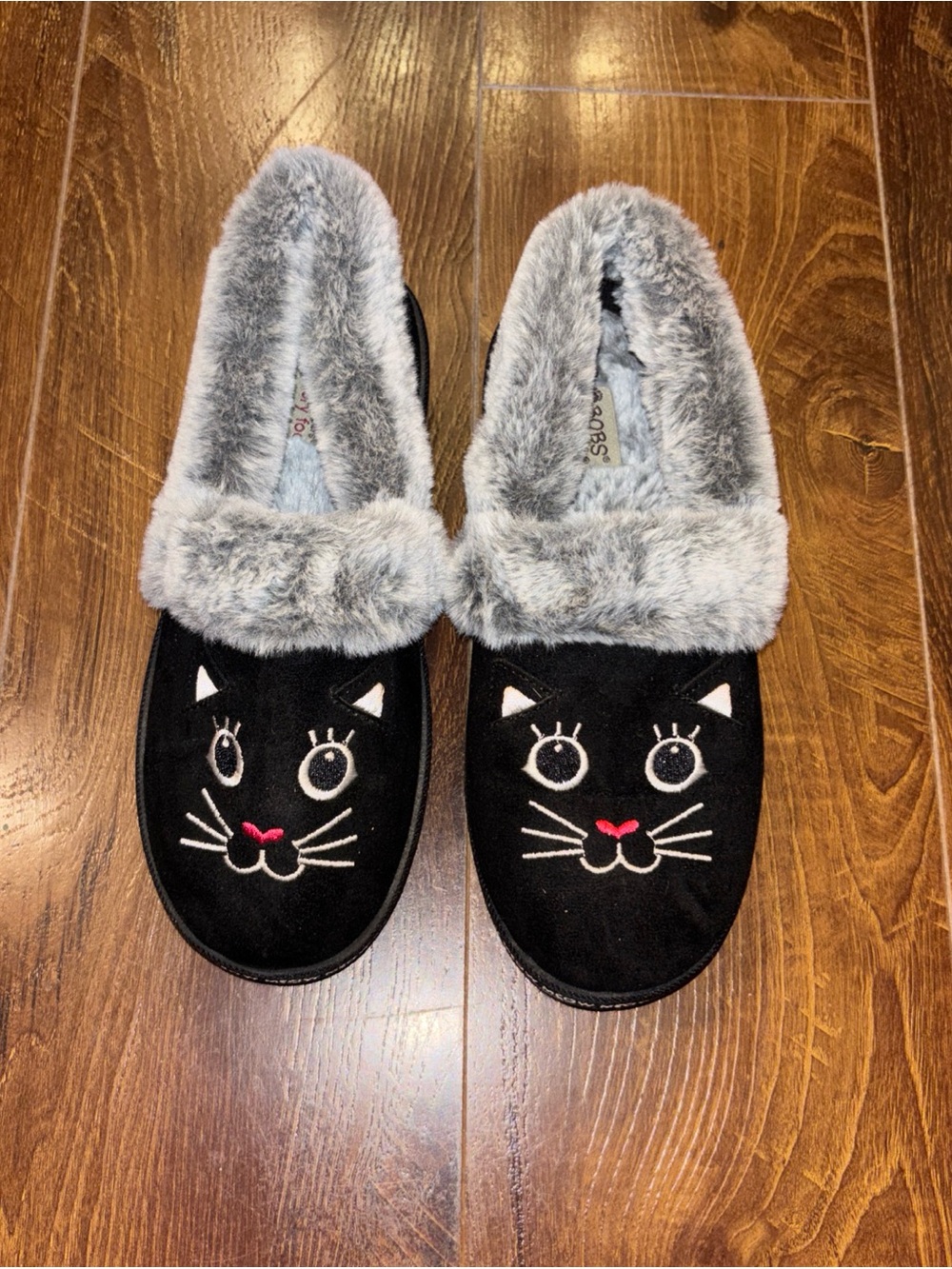 Skechers BOBS Women’s Too Cozy - Meow Pajamas Slippers, Black Cat Design, Size 7